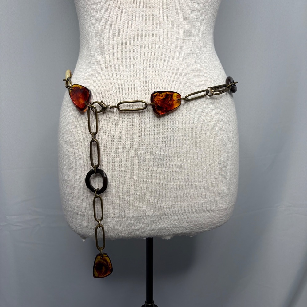 Fossil Women Brass Tone Chain Belt Faux Amber Resin Guitar Pick Charms 43 Inch